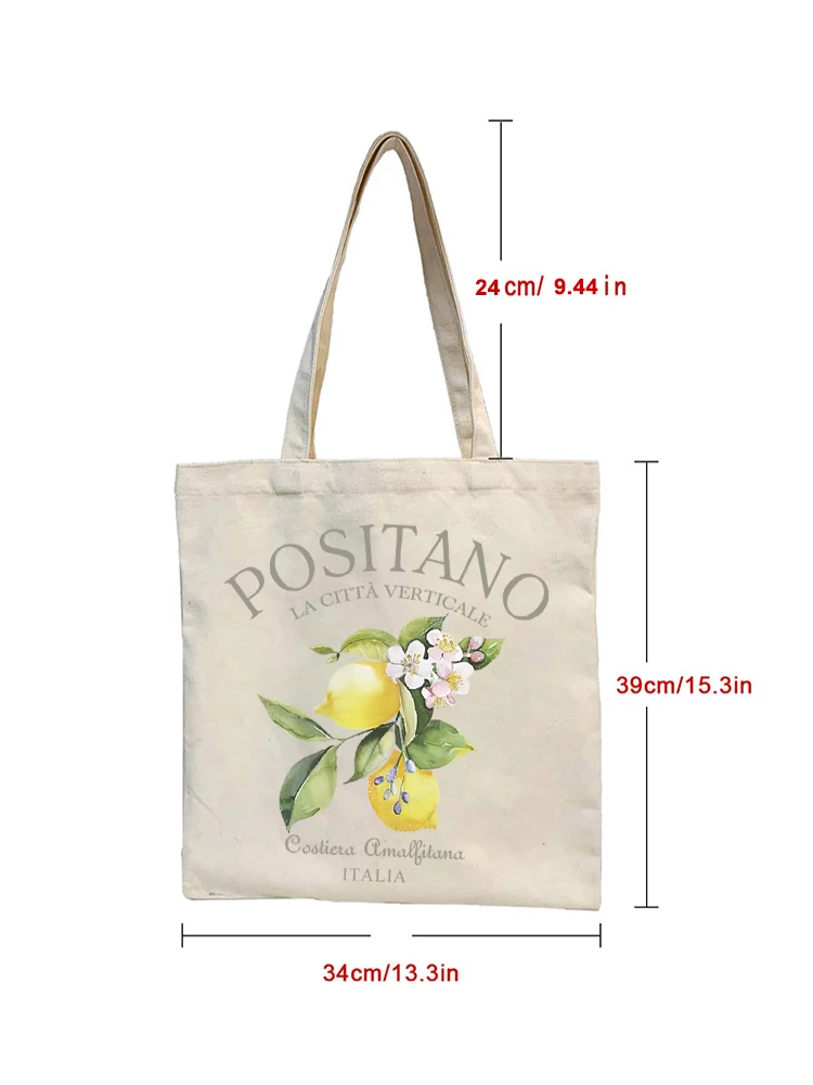 1pc Positano Lemon Flowers Leaves Women Shopper Bags Tote Canvas Plant Travel Shoulder Handbag Shopping Bag