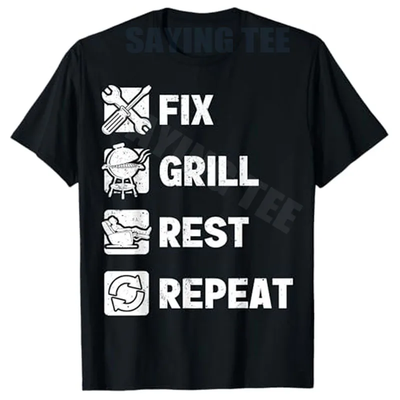 Mens Funny Dad Fix Grill Rest Repeat Mens Gifts Fathers Day Dad T-Shirt Novelty Gift Y2k Life Mechanic BBQ Dad Routine Tee Tops
