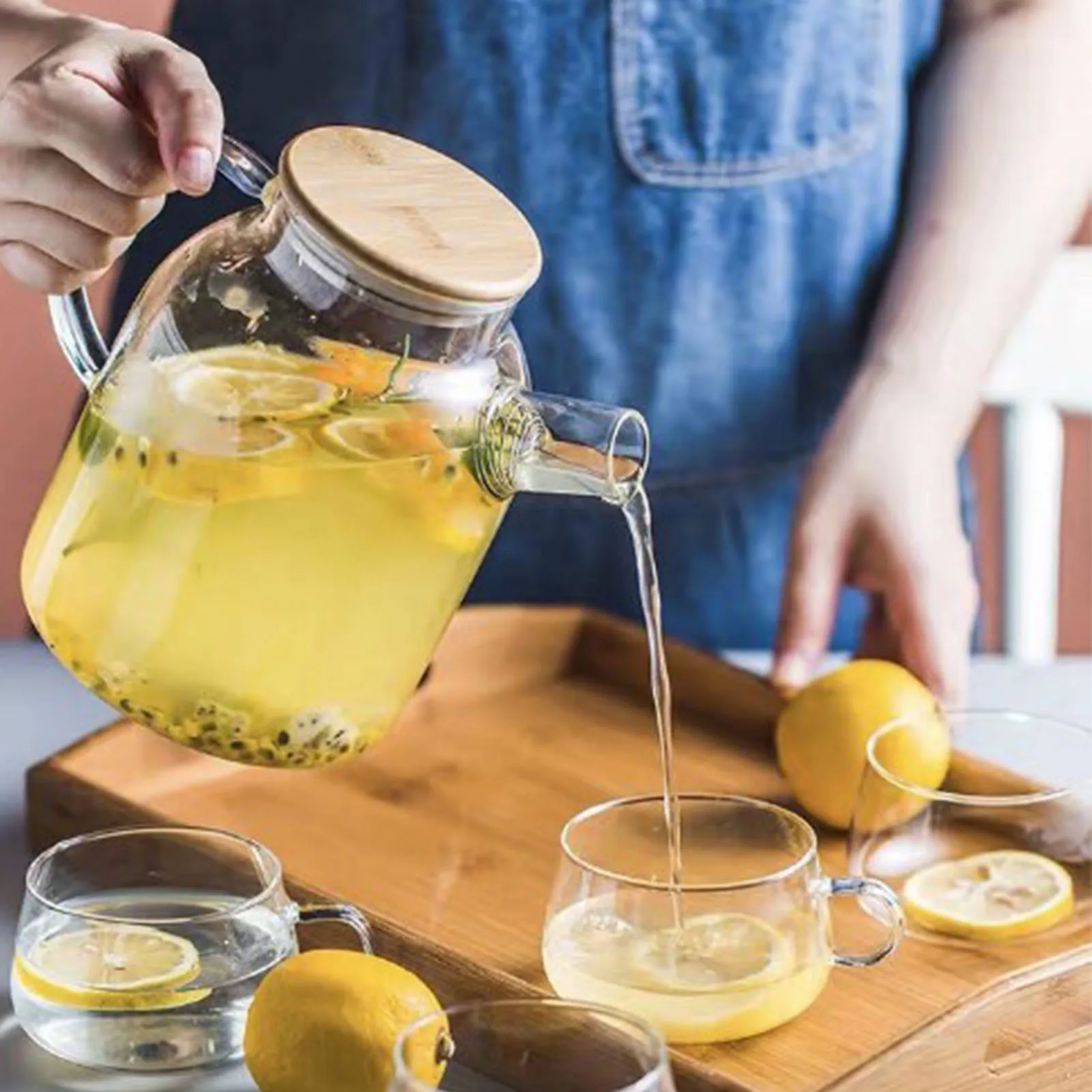 1800ml Glass Fridge Jug Water Pitcher with Filter Wood Lid Heat Resistant Beverage Ser for Fresh Infused Water Iced Tea Lemonade