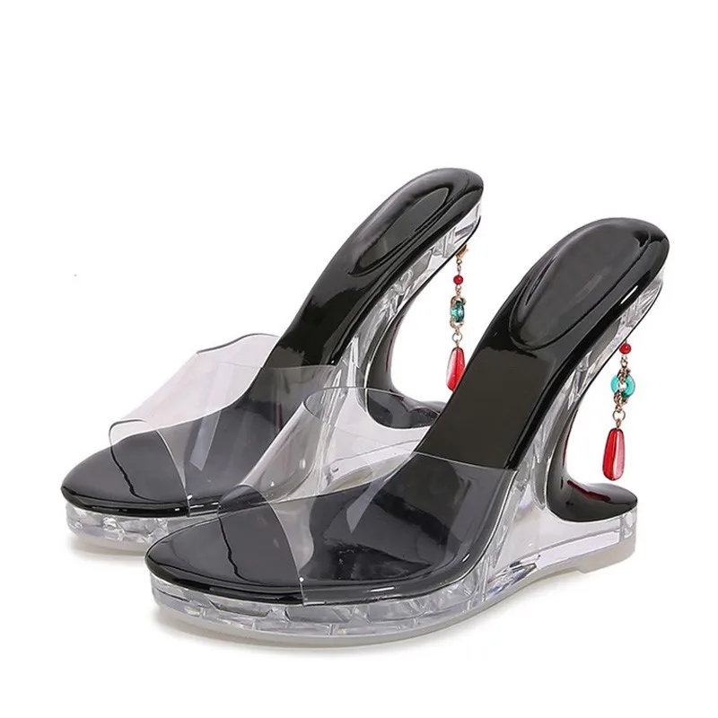 

New Design Gem Pendant Strange Clear Heels Platform Wedge Slippers PVC Transparent Sandals Women Summer Party Prom Shoes