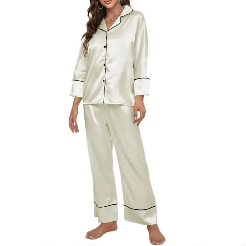 

L38E Женский шелковый атласный пижамный комплект с длинным рукавом на пуговицах, одежда для сна, комплект из 2 предметов для