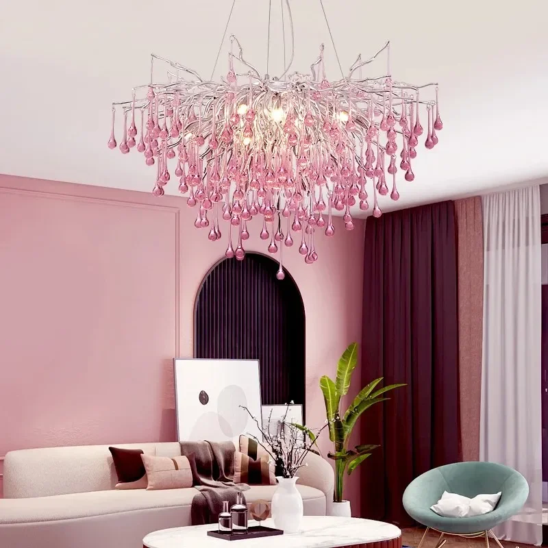 Pink Drop Crystal Chandelier Lighting Fixtures Girl's Room Ceiling Pendant Lamp For Princess Dressing