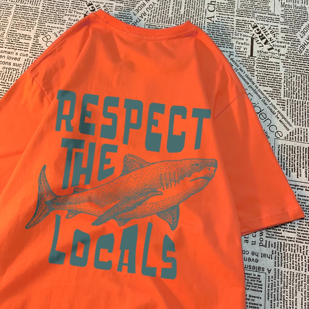 Respect The Locals Shark Printing Tshirt Breathable Street T-Shirt High Quality T Shirts Tee Clothes Summer Cotton Couple Tops