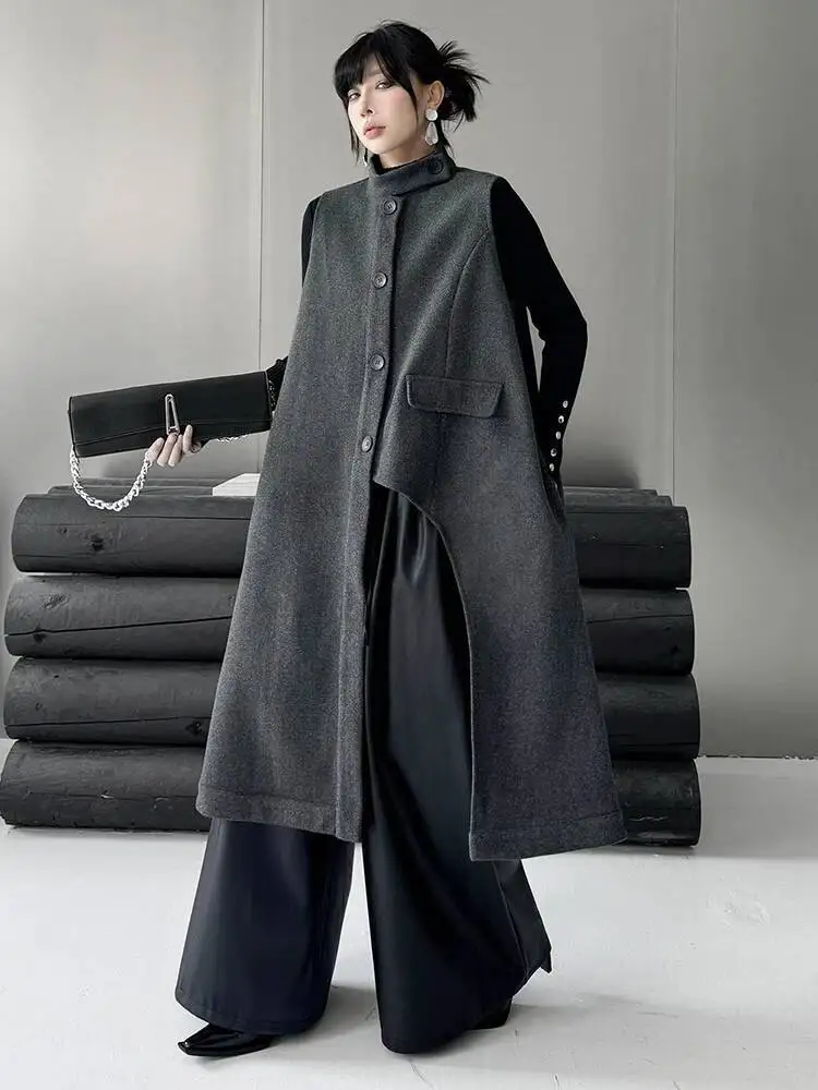 

Женский серый длинный шерстяной жилет с нерегулярным разрезом большого размера, новый воротник-стойка без рукавов, модный прилив, весна-осень