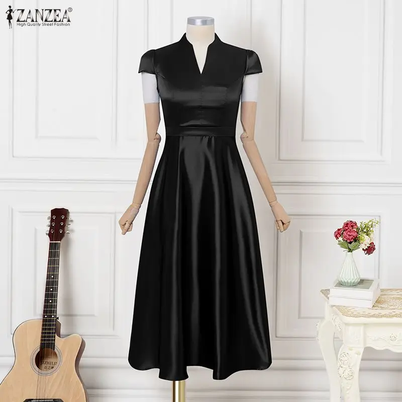 Elegant Satin Party Long Dress for Woman V-Neck Short Sleeve Fit and Flare Evening Dresses ZANZEA Sophisticated Maxi Robes Femme