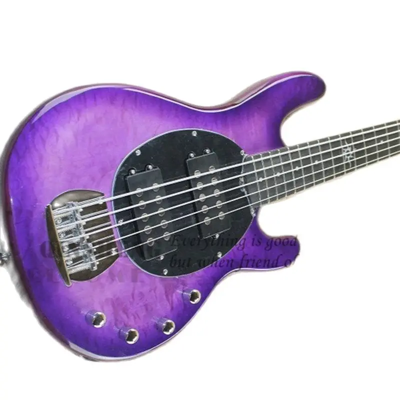 5 Strings Bass Guitar Ray Bass Purple Basswood Body Squilted Maple Veneer  Active Battery Chrome Bridge