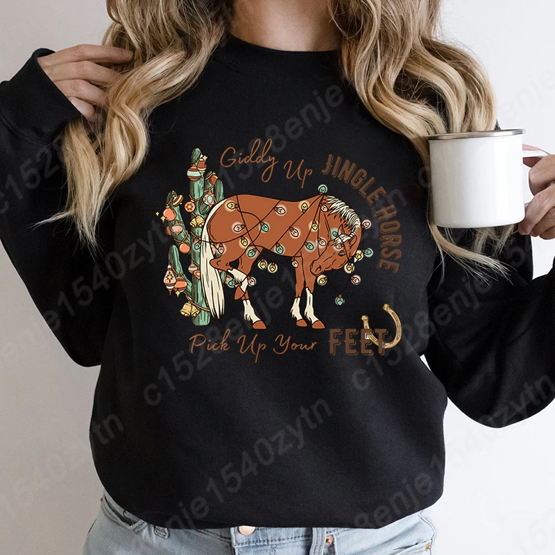 Women Hoodless Sweatshirt Christmas Giddy Up Jingle Horse Pick Up Your Feet Print Round Neck Pullover Casual Pure Color Pullover