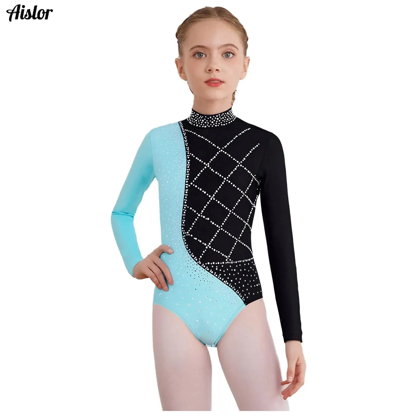 

Kids Girls Gymnastics Leotard Mock Neck Long Sleeve Shiny Rhinestones Color Block Bodysuit for Figure Skating Dance Competition