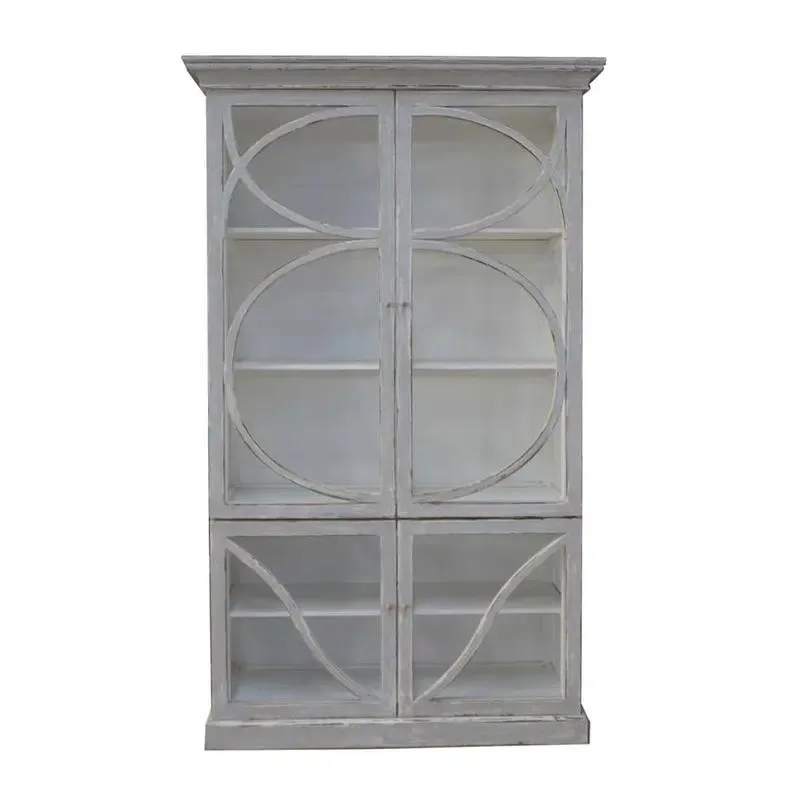 Antique Solid Wood White Glass Display Cabinet Living Room Bookshelf