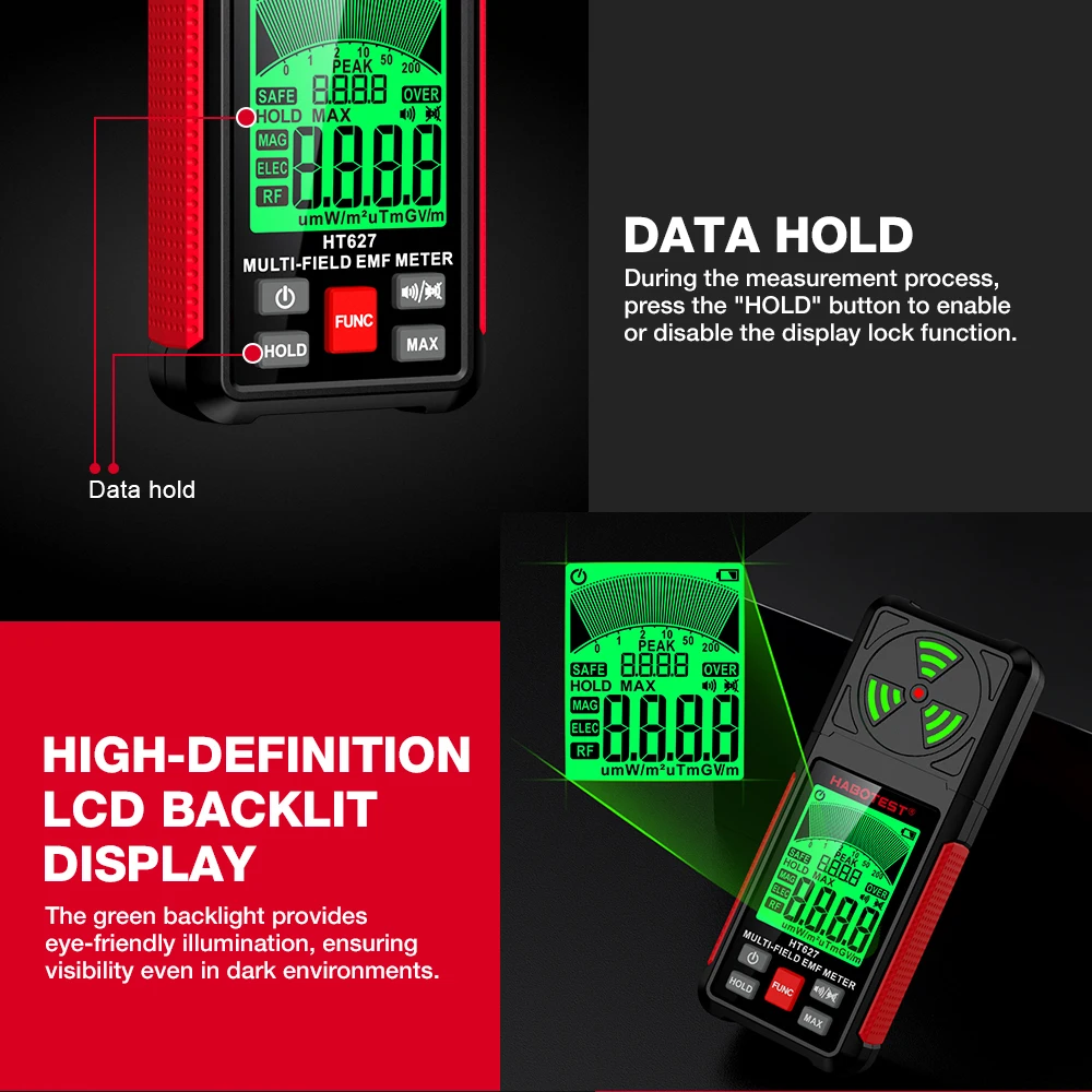 HABOTEST HT627 EMF Meter Electromagnetic Field Radiation Detector Radio Frequency Field Tester  Portable Emission Dosimeter