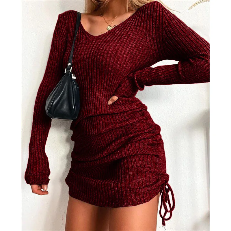 

2025 Spring Women's Dress Knitted Sweater V-neck Long-sleeved Sexy Pleated Drawstring Slim Threaded Skirt