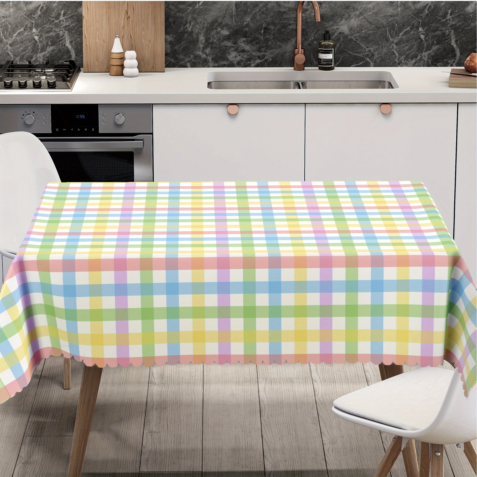 One round colored pastel check tablecloth - durable polyester woven edges, suitable for spring and summer decorationzyc
