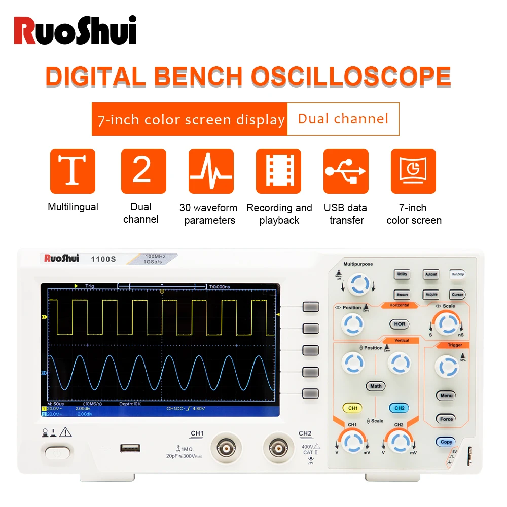 Ruoshui osciloscópio digital de 100mhz, osciloscópio com 2 canais 1gsa/s tft lcd de 7 polegadas, alta precisão, usb original, armazenamento de largura de banda total