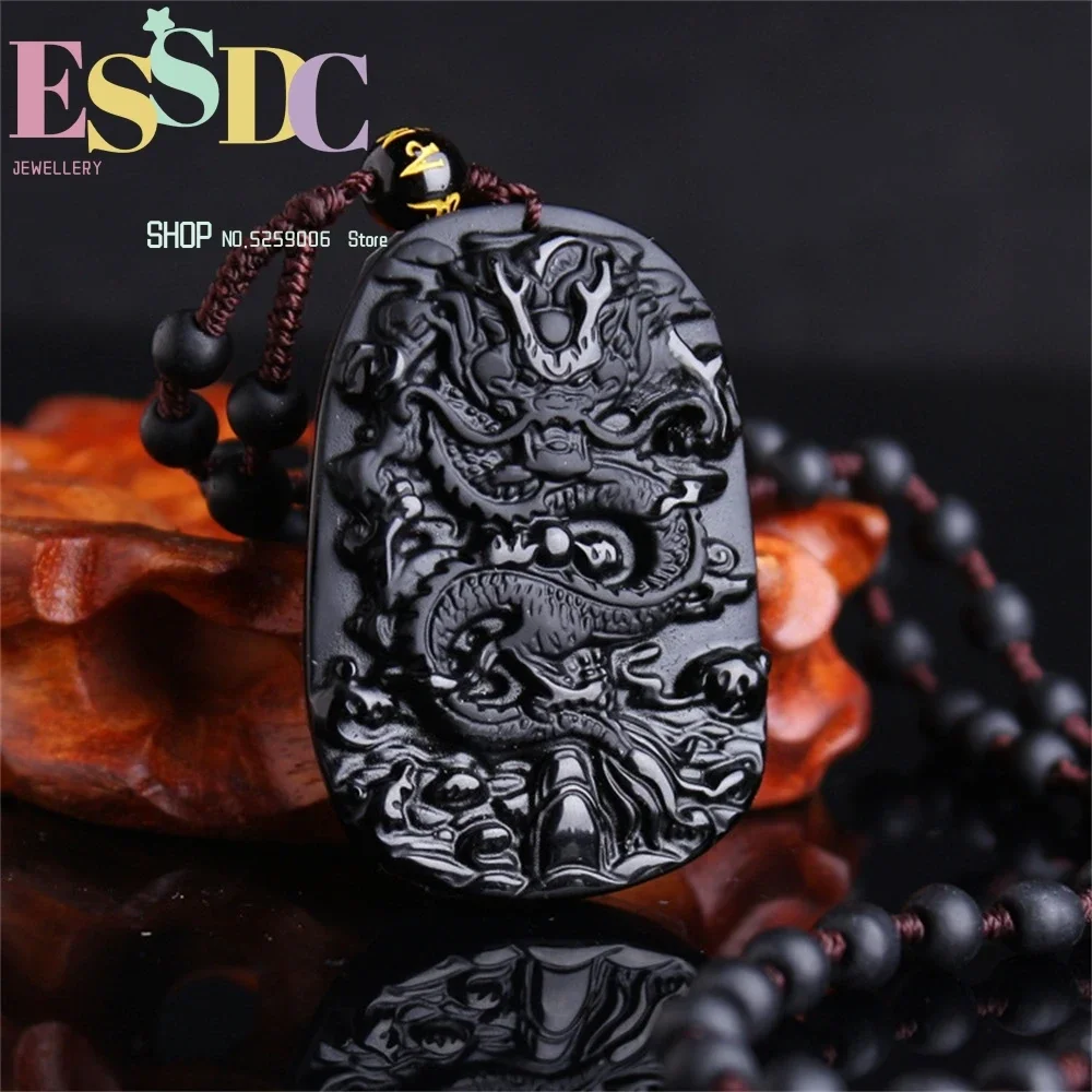 حجر السج الأسود الطبيعي قلادة على شكل تنين الخرز قلادة موضة سحر المجوهرات منحوتة باليد محظوظ تميمة هدايا لها النساء الرجال