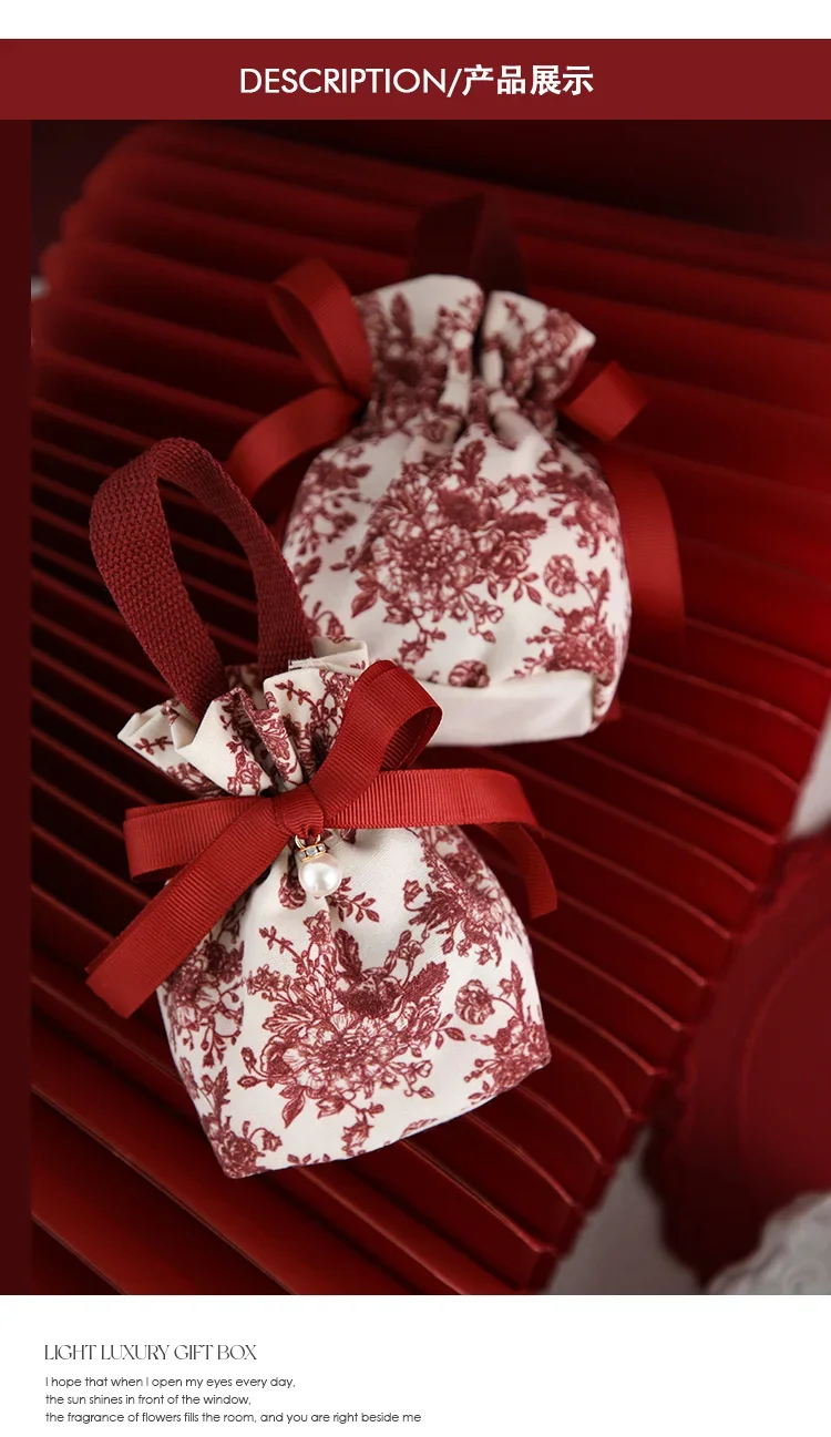 5/10 Stück tragbare Canvas-Süßigkeitentüten mit Kordelzug, Blumenmuster und Schleife, weiche, wiederverwendbare Geschenkverpackungstüten für Hochzeiten – Detail 8