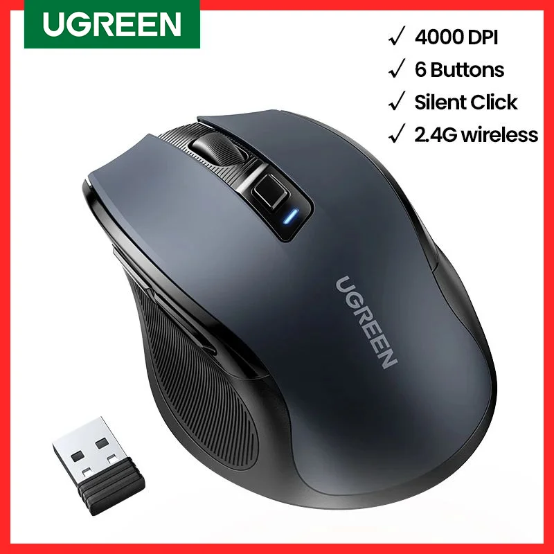 Mysz bezprzewodowa UGREEN, ergonomiczna, 4000 DPI, cicha, 6 przycisków, do MacBooka, tabletu, laptopa, myszka wyciszona, cicha mysz 2.4G