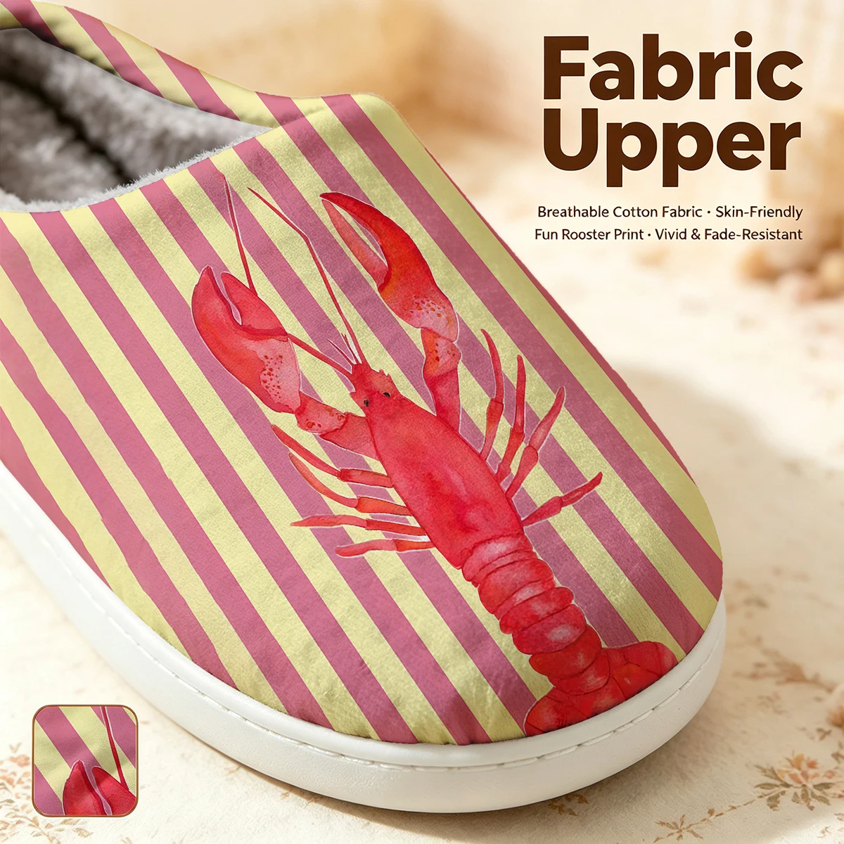 Watercolor Lobster Stripe Christmas White Slippers Warm Plush Indoor Shoes Non-Slip Winter Slippers Family Holiday Gifts Soft view 2