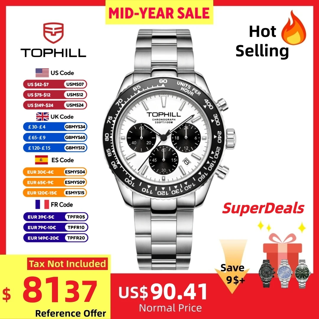 

TOPHILL 41mm VD53 Racing Chronograph Men’s Quartz Watch Panda Dial Tachymeter Bezel Sport Wristwatch Swim 100M C3 Lume TD013G