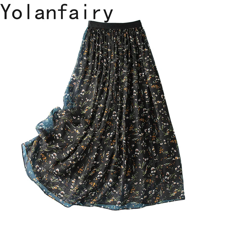 YOLANFAIRY 100% Real Mulberry Silk Skirts for Woman Korean Style Floral Skirt High Elastic Waist Skirt Women Clothing Streetwear