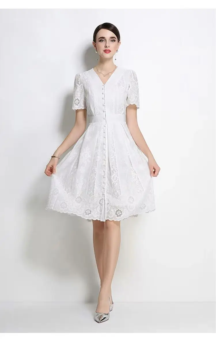 

Women's V-Neck Evening Mini Dress France Elegant Flower Embroidery Short Party Casual Holiday Clothing Female Design