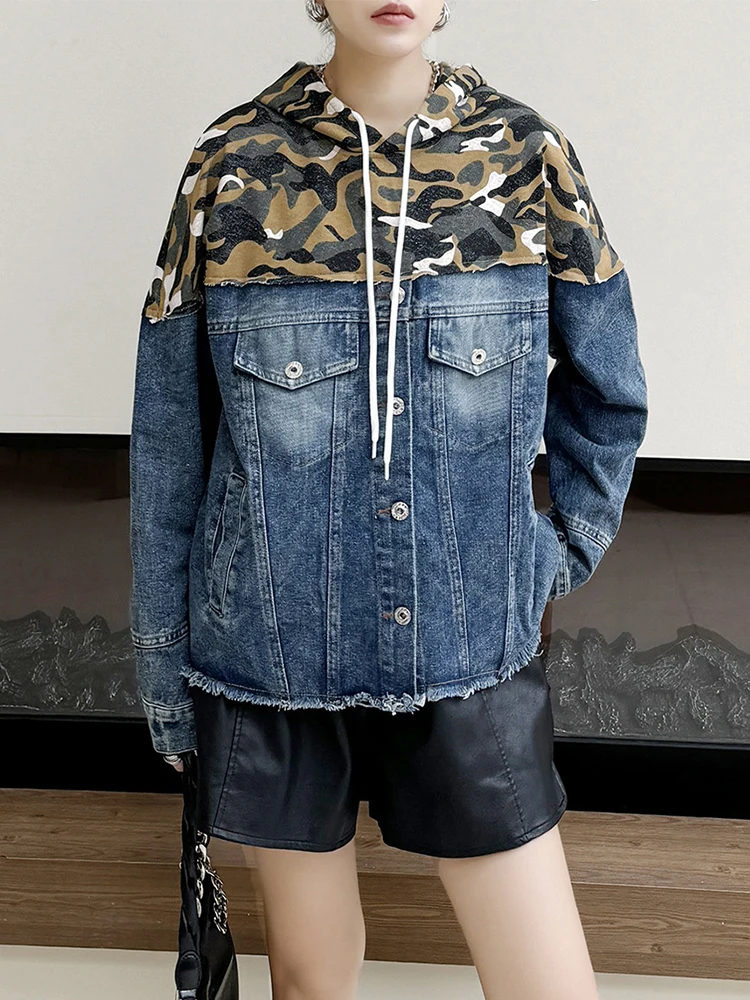 Amax lulue marca 2025 outono senhoras clássico solto impresso denim hoodies das mulheres do vintage retalhos camisolas casuais roupas punk