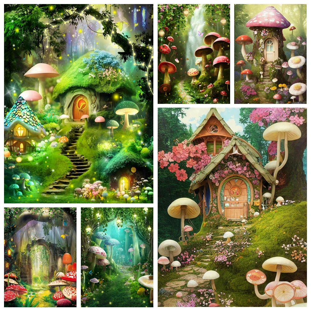 

Fairy Tale Forest Mushroom Backdrop Dream Enchanted Wonderland Mushroom House Jungle Baby Birthday Photography Background Decor