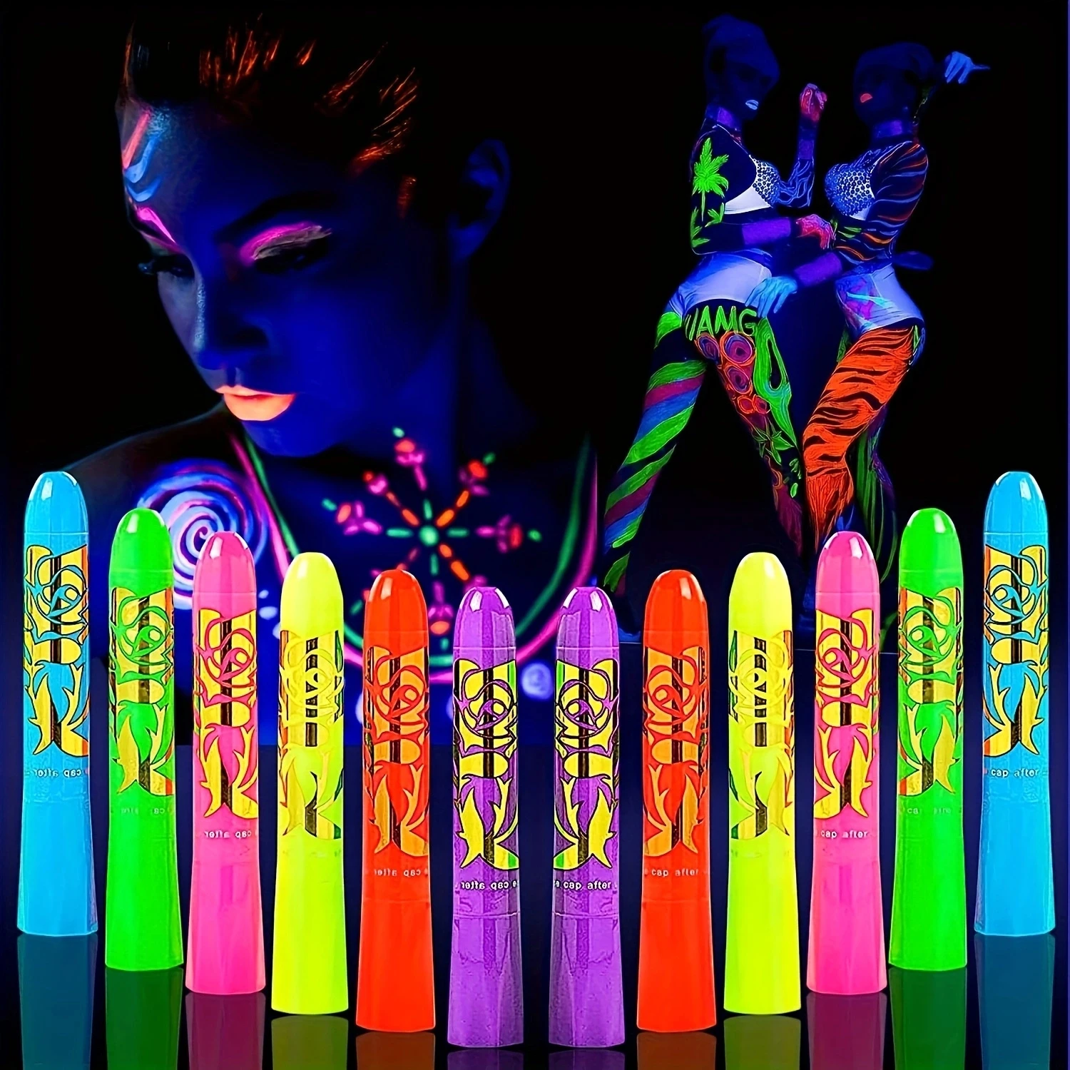 12 Pcs Glow in The Dark Body Face Paint Neon Glow in The Black Light UV Fluorescent Crayons Paint Sticks Makeup Kit for Kids Adu