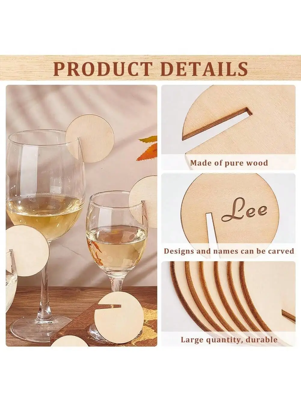40/60/80 قطعة من علامات المشروبات الخشبية - ملصقات زجاجية للنبيذ المزودة بمشبك لحفلات الزفاف وأعياد الميلاد والعطلات - ديكور متين للحفلات #5