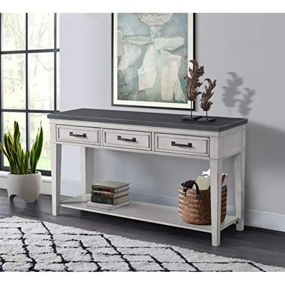 Antique White & Grey Console Table with 3 Drawers Coastal Casual Styling TV Stand TVs up to 60