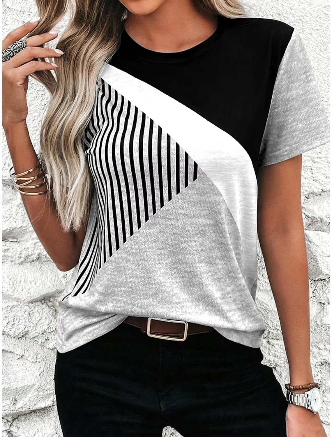 Summer Stripe 3D Print T-Shirts Women's New Casual Short Sleeve Round Neck T Shirt Street Harajuku Tees Y2k Tops Female Clothing