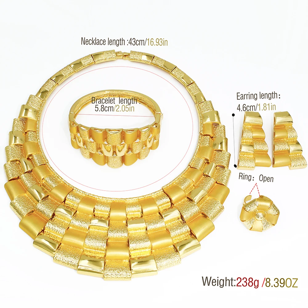 GZJPEI Luxury 18K Gold Plated African Jewelry Set Chunky Wide Collar Necklace Bracelet Ring Earrings Bridal Wedding Jewelry 4PCS