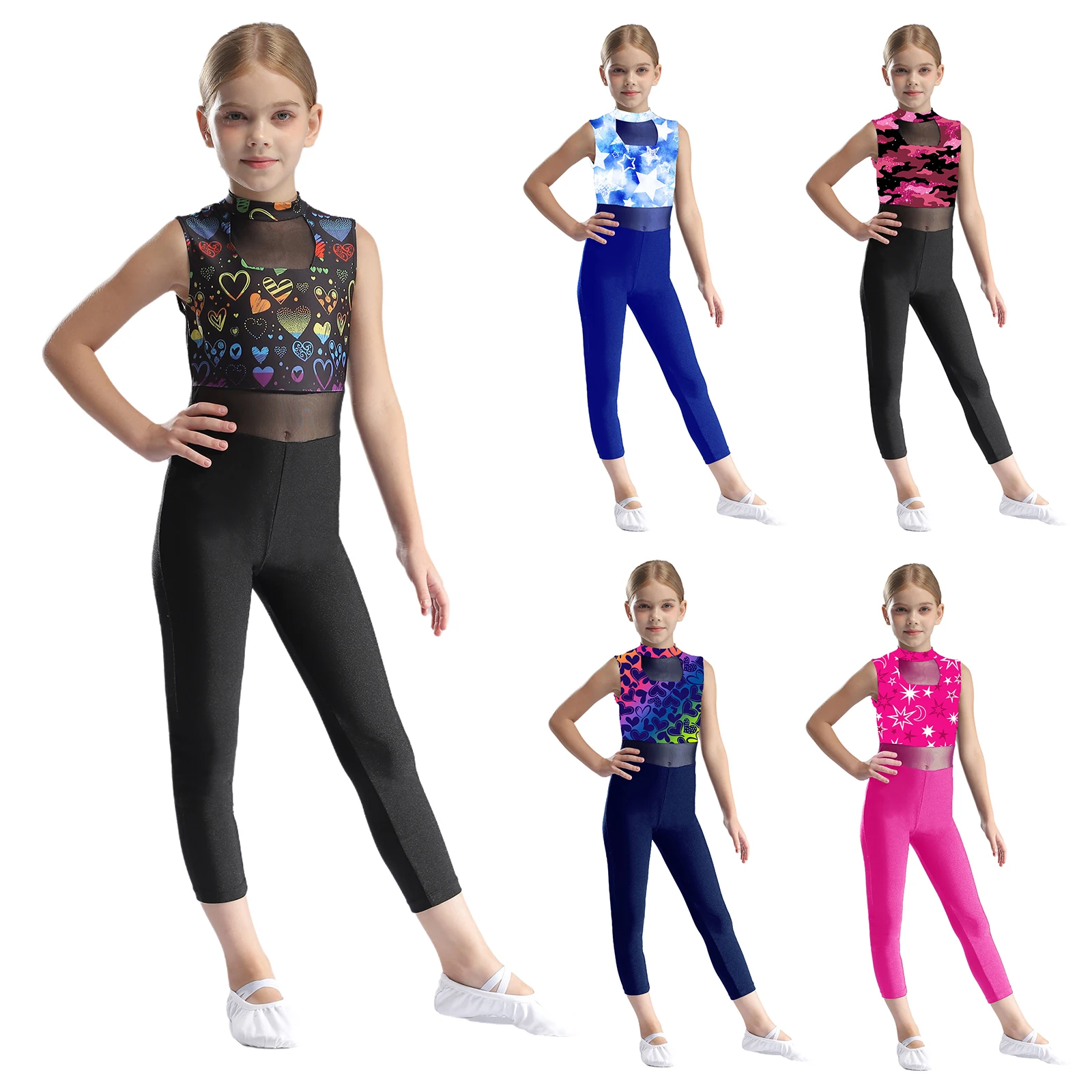 Kids Girls Ballet Gymnastic Athletic Jumpsuit Sleeveless Print Crisscross Back Unitards Figure Skating Dance Performance Costume