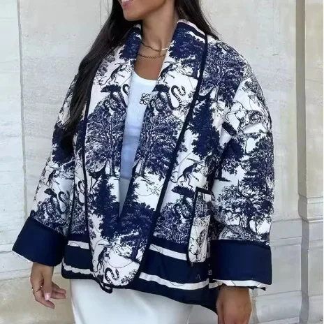 

Женское пальто с длинным рукавом, весенне-осенняя простая хлопковая куртка в европейском и американском стиле с принтом и двойными карманами