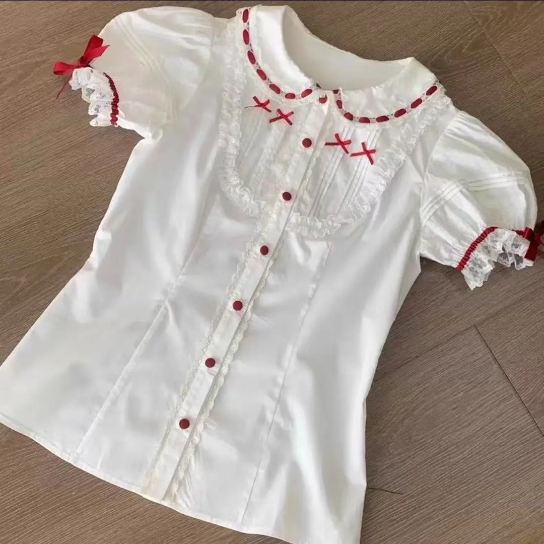 Kimotimo Kawaii Strawberry Embroidery Peter Pan Collar Shirt Women Japanese Sweet Bow Spliced Ruffle Tops Summer Lolita Blouse