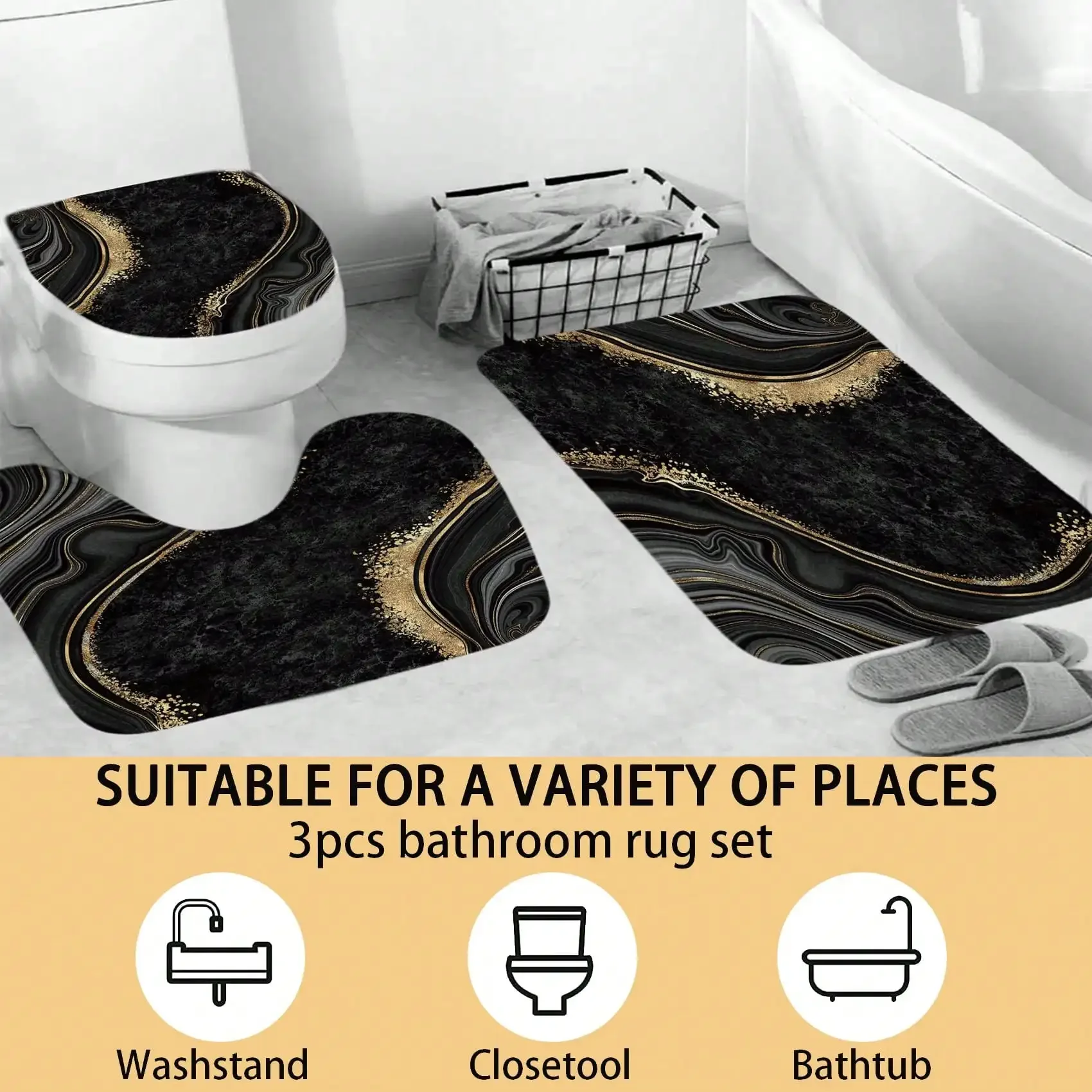 4Pcs Luxury Marble Shower Curtain Sets, Bathroom Sets with Shower Curtain, Toilet Lid Rug, Bath Mat and Contour Mat, Shower Curtain with 12 Hooks for Bathroom Set Decor 72 x 72 Inch, Black - view 3
