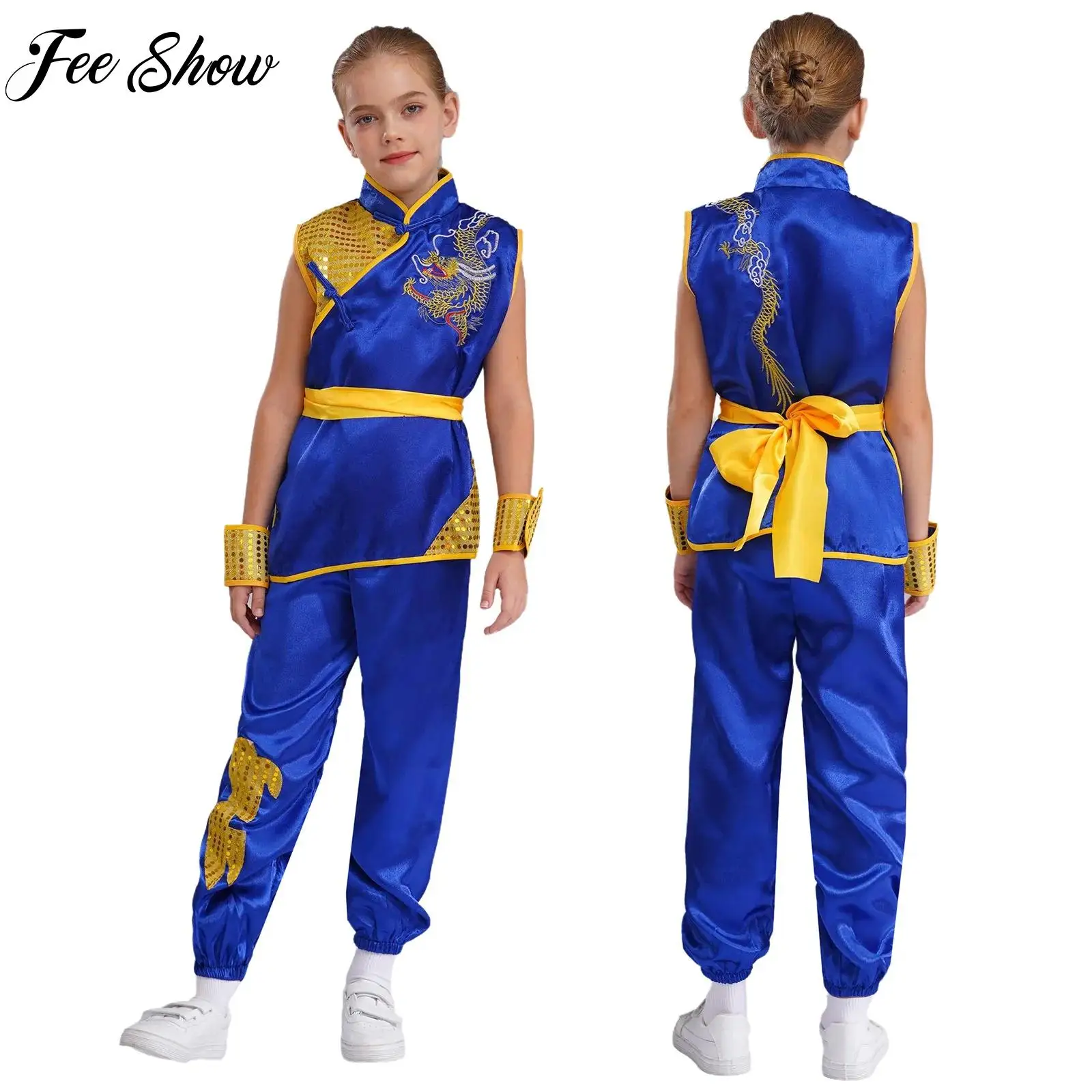 

Chinese Tai Chi Uniform Girl Boy Satin Kung Fu Suit Martial Arts Taichi Performance Costume Short Sleeve Wushu Kung Fu Clothing