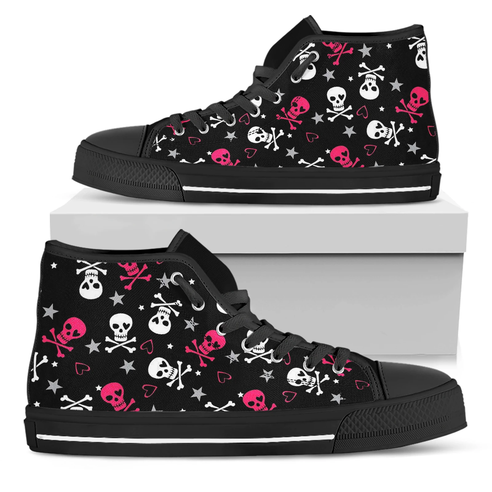 ELVISWORDS Gothic Skull Women's Shoes Comfortable Lace-up High-top Shoes Love Skull Print Casual Shoes Black Walking Shoes Mujer