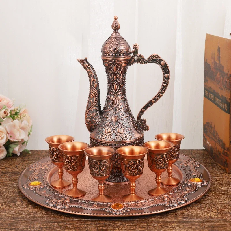 

PEANDIM Copper Bronze Plated Wine Set Metal Luxury Imitation Ancient Wine Set Tea Set Decoration 1 set= 1 plate+ 1 pot +6 cup