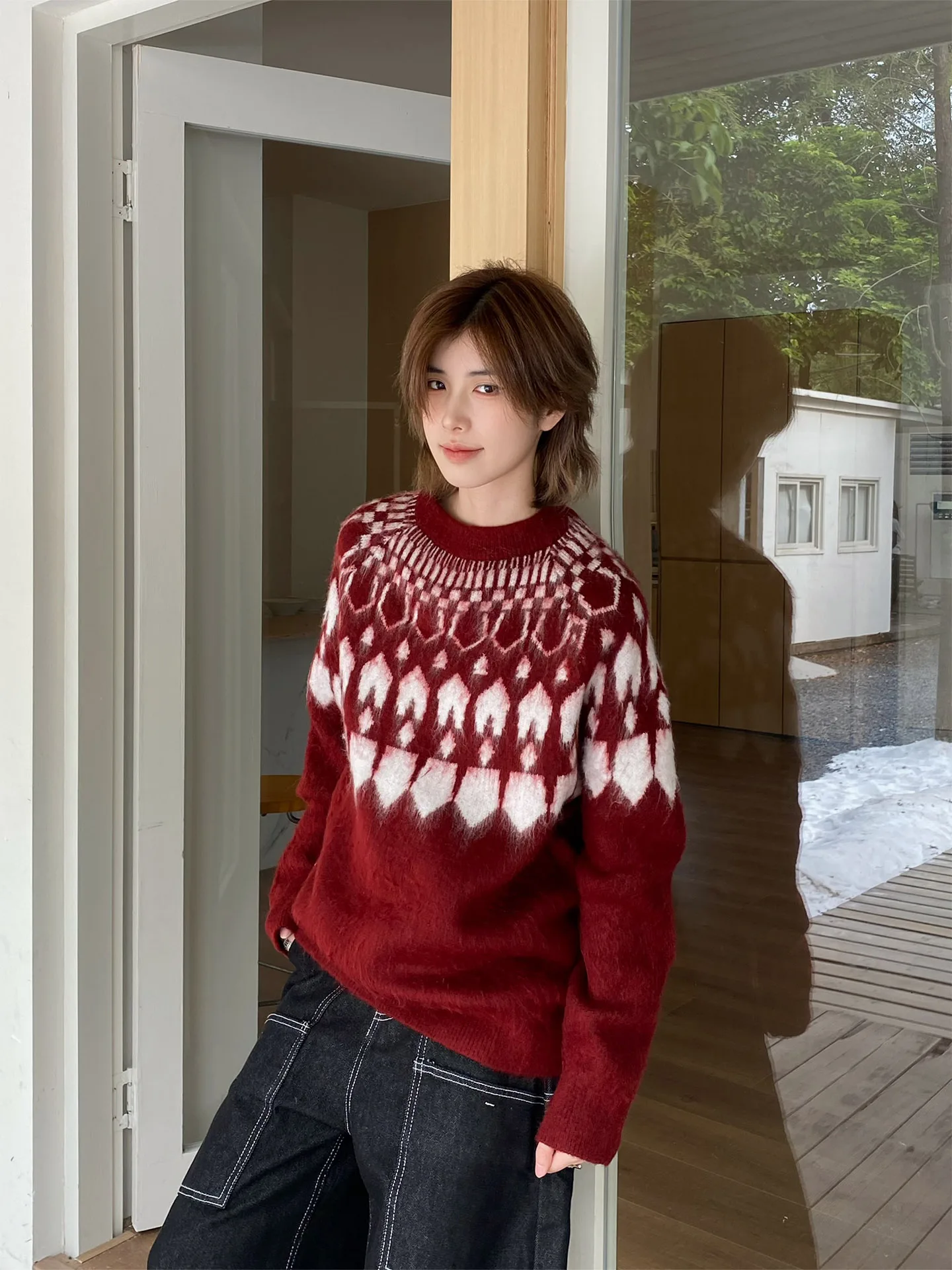 

Ja1 Off-Shoulder Fleece Island Ethnic Style Sweater Unisex Winter Fluffy Inner Wear Base Shirt Comfortable Soft Cotton Blend