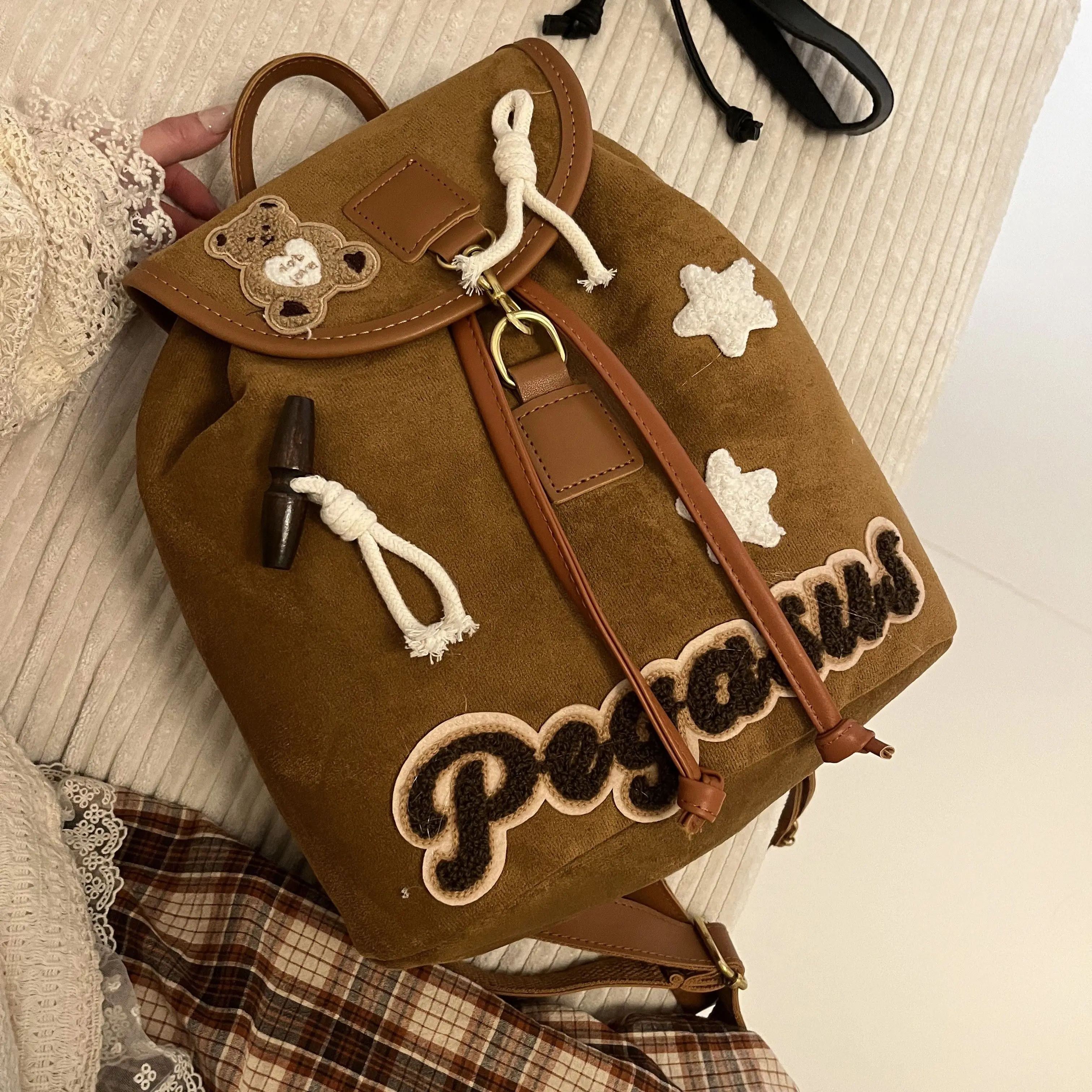 Cute Bear Vintage Backpack for Women Y2k Suede Hemp Rope Shoulder Bag 2024 New Travel Fashion Backpack Mochilas Para Mujer