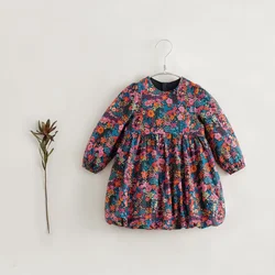 MARC&JANIE Girls Full Bottom Floral Cotton Round Neck Dresses Long Bubble Sleeve Bud Hem Soft Dress 231533