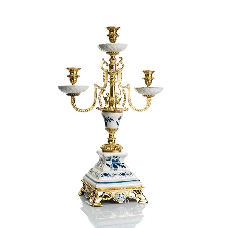 Luxury soft home furnishings, ceramic with copper 3-head candlestick creative ornament