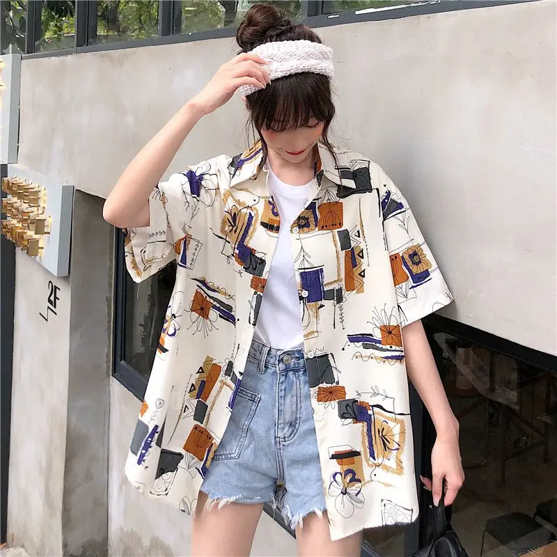 Retro Korean Version Casual Printing Loose Fitting Shirt for Women\'s Summer Simplicity Commuting Thin Short Sleeved Trendy Top