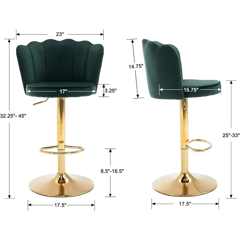 Conjunto de bancos de bar giratórios com altura de bar, 4 bancos estofados ajustáveis, cadeiras de bar de veludo com encosto/base dourada para cozinha