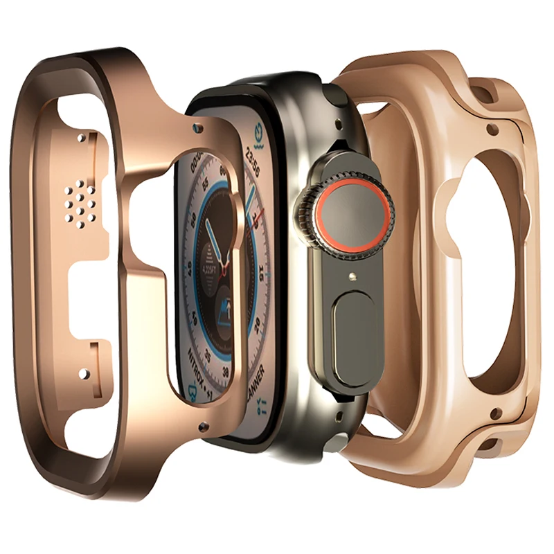 

Для Apple Watch Ultra/Ultra 2 49 мм Защитный чехол из алюминиевого титанового сплава + рамка для часов из ТПУ - розовое золото