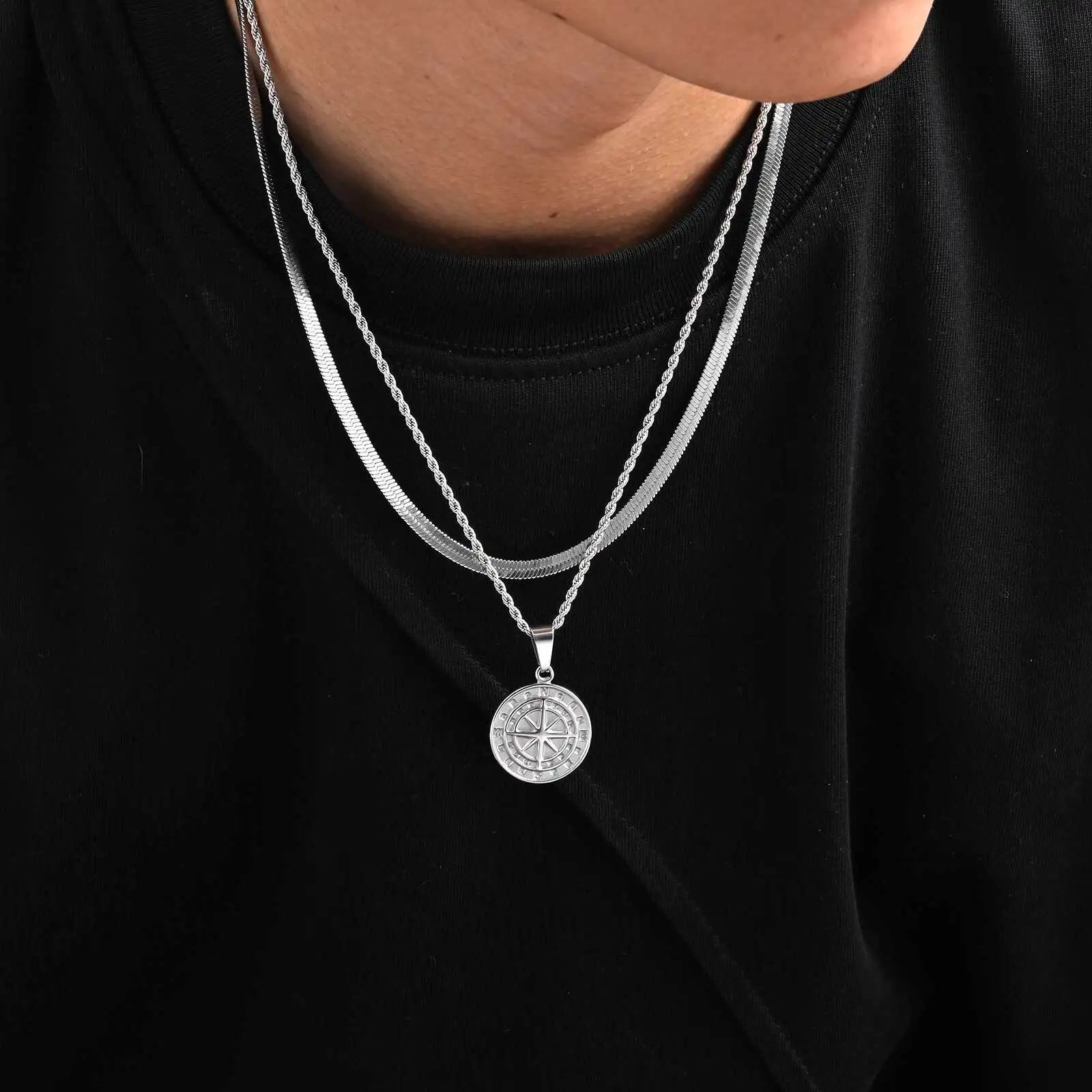 2pcs/set Compass Necklace for Men Boys,Stainless Steel Viking North Star Anchor Medal Round Coin Pendant,Punk Jewelry Gift view 3