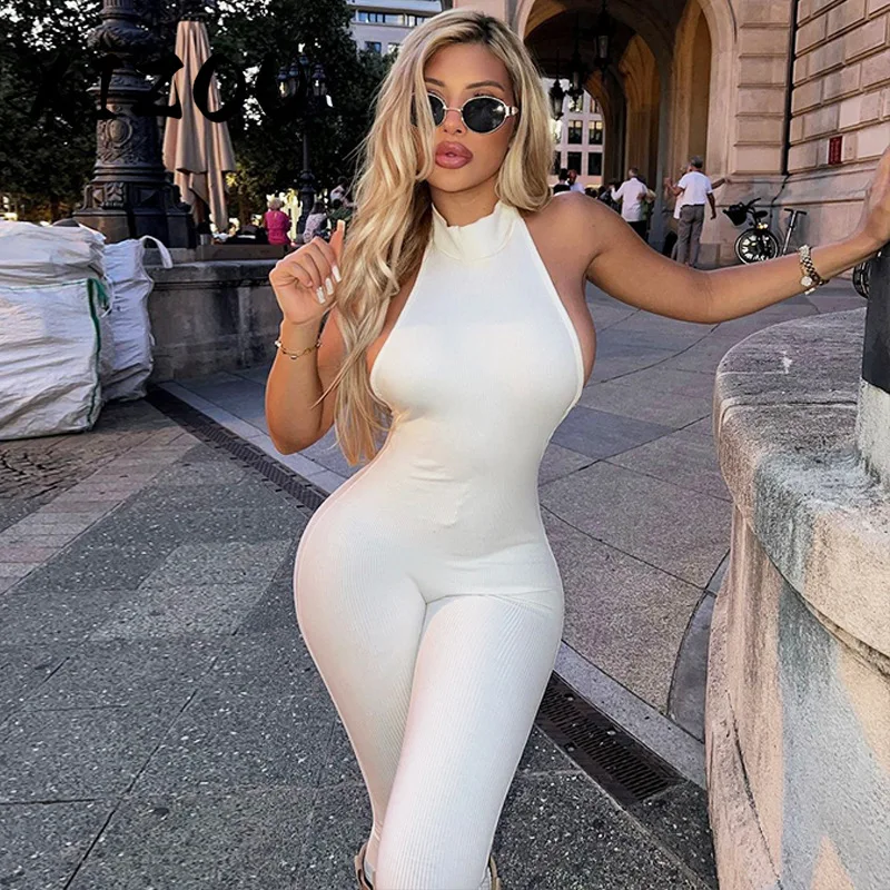 

XIZOU 2025 Summer Ribbed Black Jumpsuit Women Hipster Sexy Halter Backless Skinny One Piece Romper Sportswear Party Clubwear