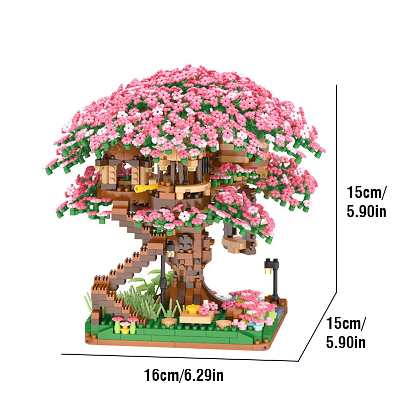 Juego de bloques de construcción modelo Sakura Treehouse para niña adulta, 2008 piezas, bricolaje, creativo, flor de cerezo, casa del árbol, regalo de decoración