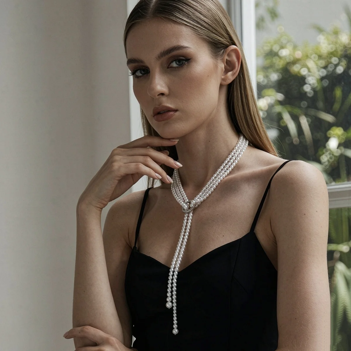 Elegante französische weiße lange Halskette mit kleinen künstlichen Perlen für Damen, Strass-Kreis, verschiedene Tragevarianten, Pulloverkette, Schmuck – Detail 6