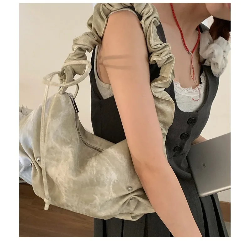 Xiuya Pleated Fashion Womens Shoulder Bag Aesthetic Drawstring Gentle Hobos Bag Literary Leather Female Luxury Designer Handbags
